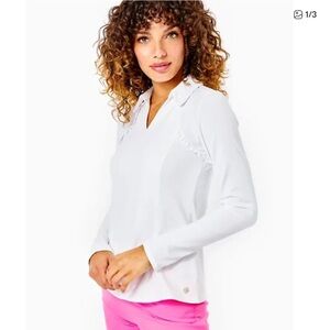Lilly Pulitzer Martina Long Sleeve Polo Top Ruffled Resort White Size XL